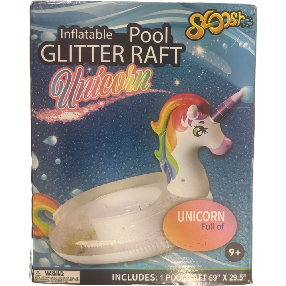 Sloosh Inflatable Pool Glitter Raft Unicorn Summer Water Toy 69" x 29.5" Ages 9+